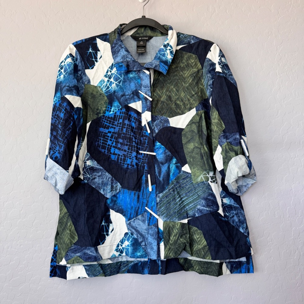 Ali Miles Women's PS‎ Petite Small Abstract Print Button Down 3/4 Sleeve Top